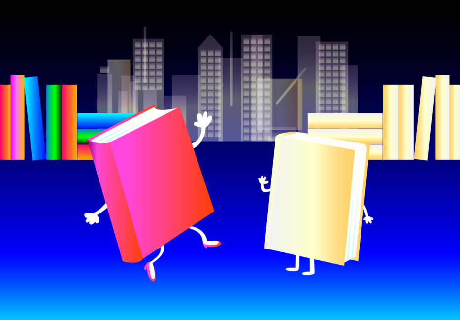 A graphic of two anthropomorphic books, one bright pink and one pale cream, with a background of a city skyline and two piles of books on either sides.