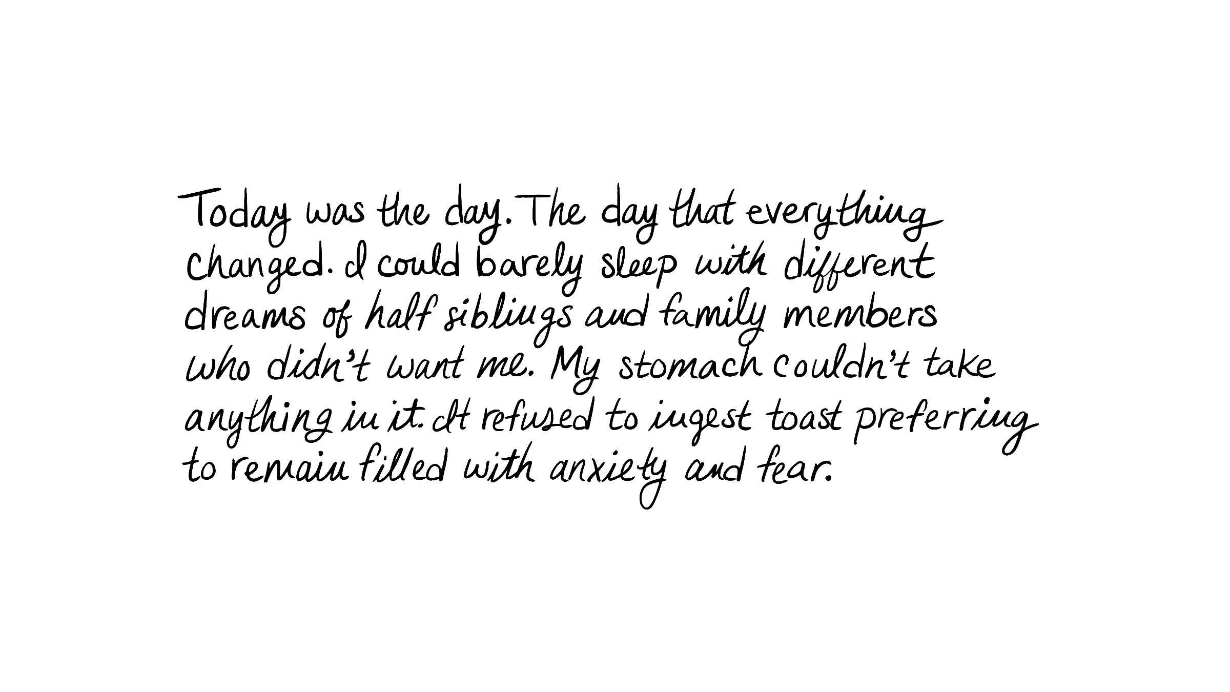 Today was the day. The day that everything changed. I could barely sleep w/ different dreams of half sibblings and family members who didn't want me. My stomach couldn't take anything in. It refused to injest toast, preferring to remain filled w/ anxiety and fear.