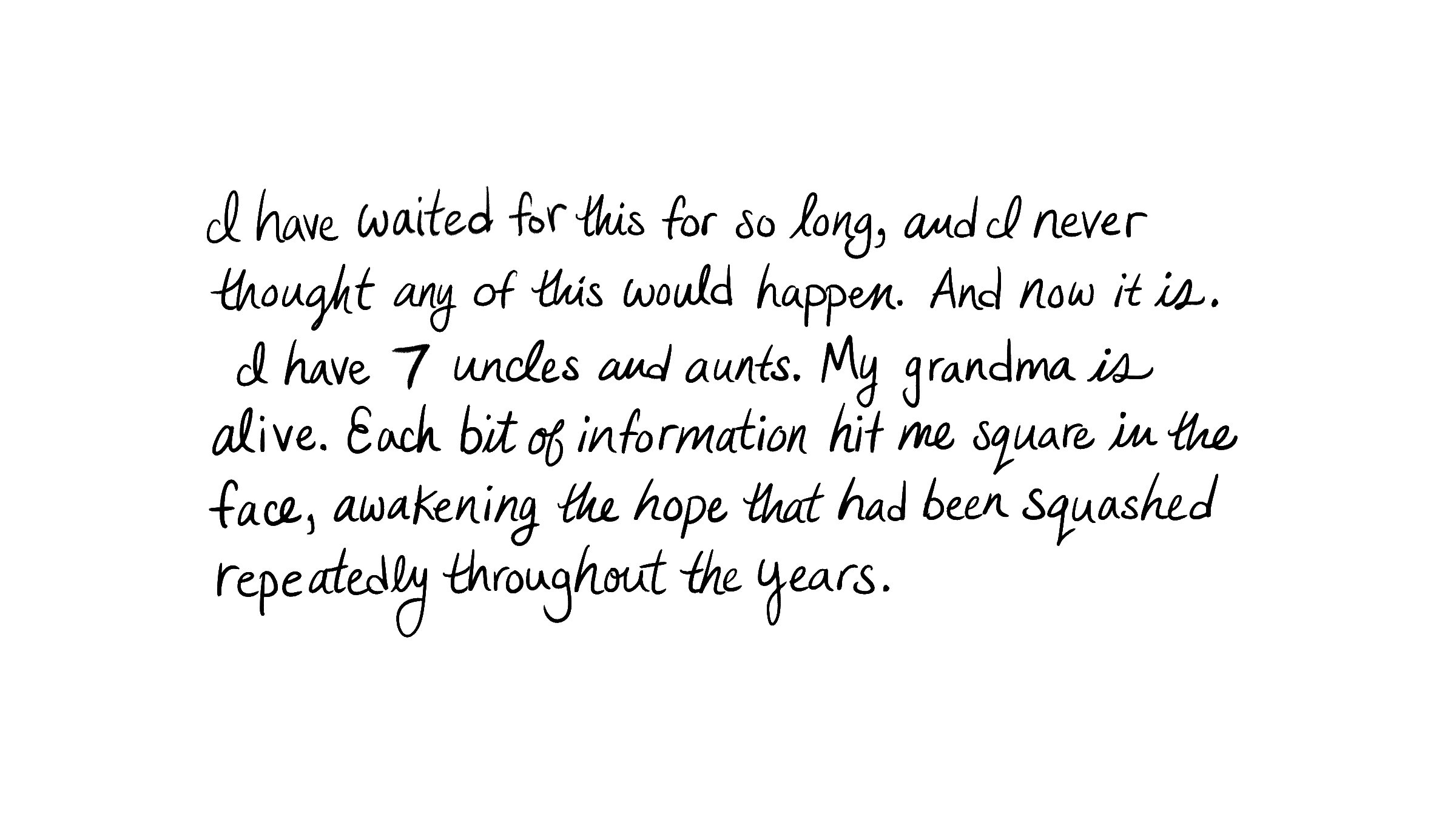 I have waited for this for so long, and I never thought any of this would happen. And now it is. I have 7 uncles and aunts. My grandma is alive. Each bit of information hit me square in the face, awakening the hope that had been squashed repeatedly throughout the years.