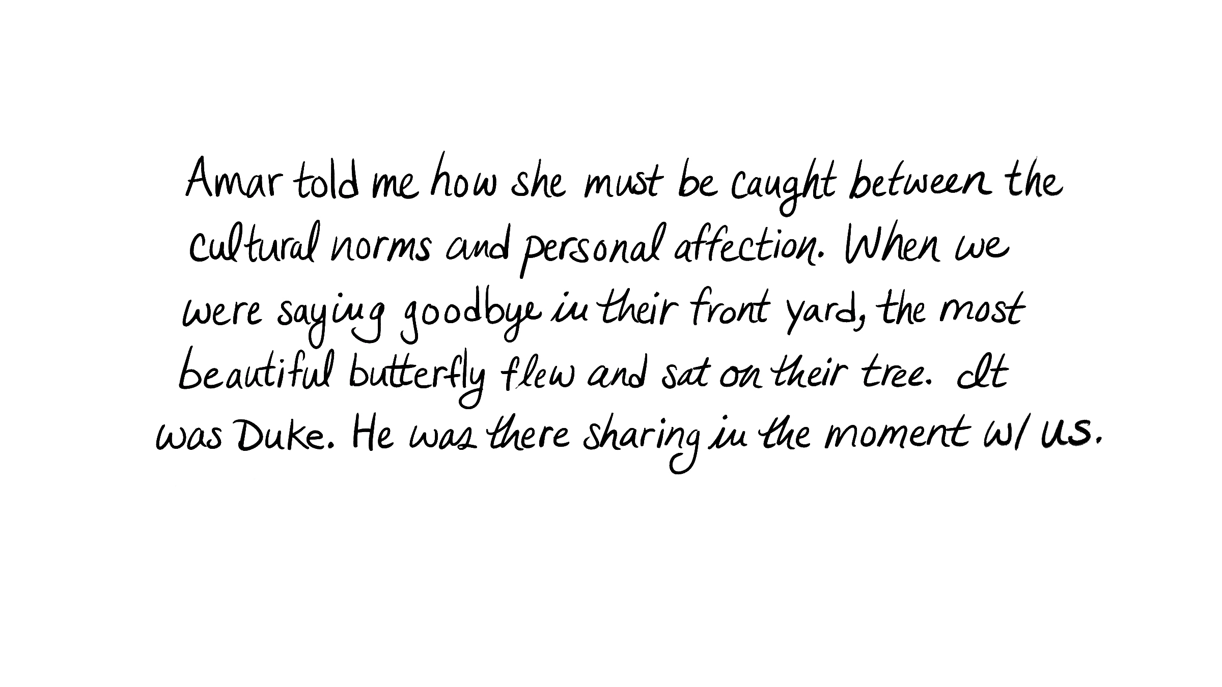 Amar told me how she must be caught between the cultural norms and personal affection. When we were saying goodbye in their front yard, the most beautiful butterfly flew and sat on their tree. It was Duke. He was there sharing in the moment w/ us.