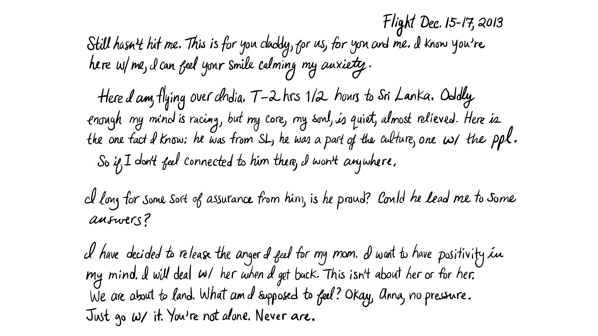 Flight Dec. 15-17, 2013: Still hasn't hit me. This is for you daddy, for us, for you and me. I know you're here w/ me, I can feel your smile calming my anxiety. Here I am, flying over India. T-2 hrs 1/2 hours to SL. Oddly enough my mind is racing, but my core, my soul, is quiet, almost relieved. Here is the one fact I know: he was from SL, he was a part of the culture, one w/ the ppl. So if I don't feel connected to him there, I won't anywhere. I long for some sort of assurance from him; is he proud? Could he lead me to some answers? I have decided to release the anger I feel for mom. I want to have positivity in my mind. I will deal w/ her when I get back. This isn't about her or for her. We are about to land. What am I supposed to feel? Okay, Anna, no pressure. Just go w/ it. You're not alone. Never are.