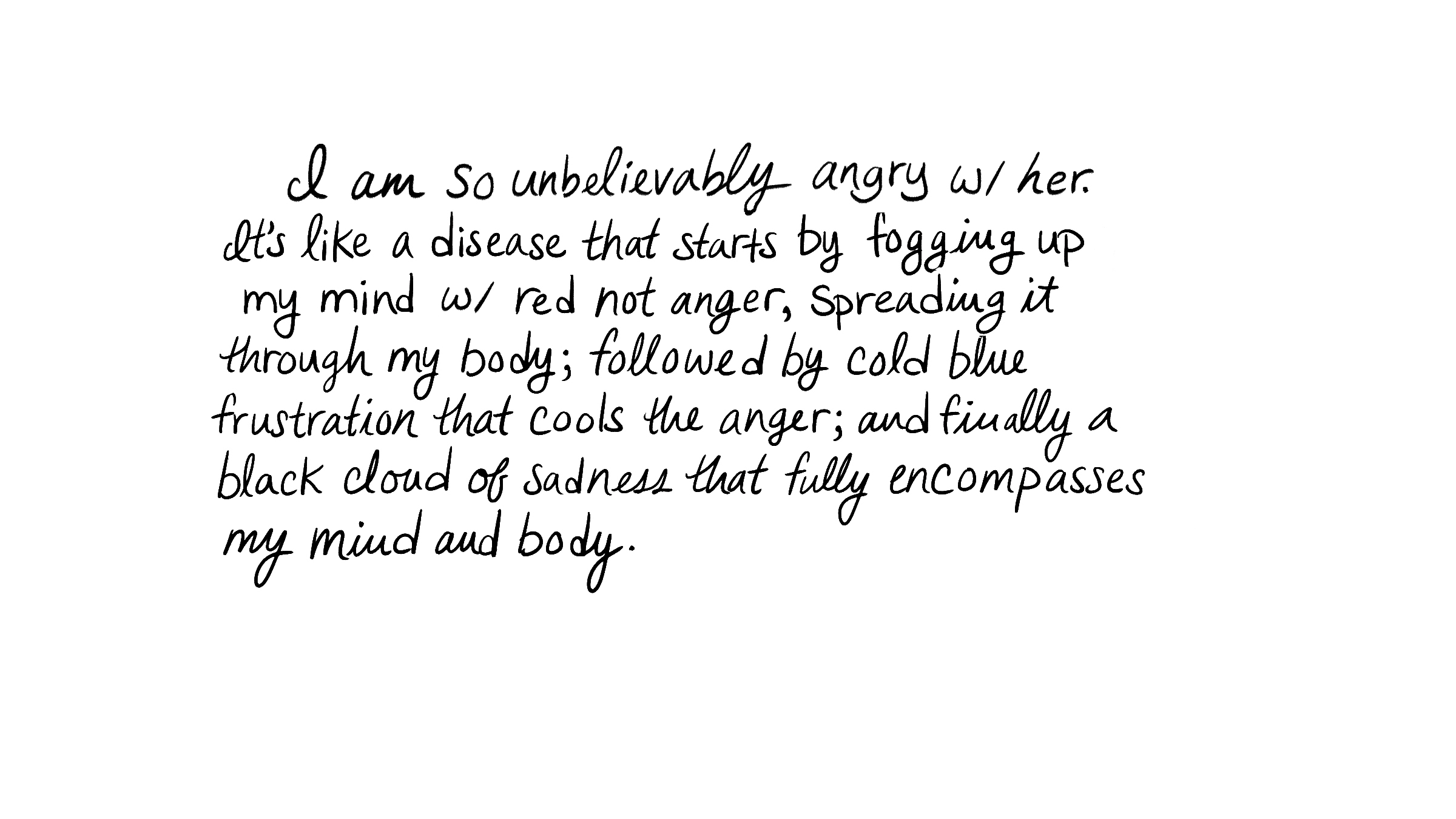 I am so unbelievably angry w/ her. It's like a disease that starts by fogging up my mind w/ red hot anger, spreading it through my body; followed by cold blue frustration that cools the anger; and finally a black cloud of sadness that fully encompasses my mind and body.