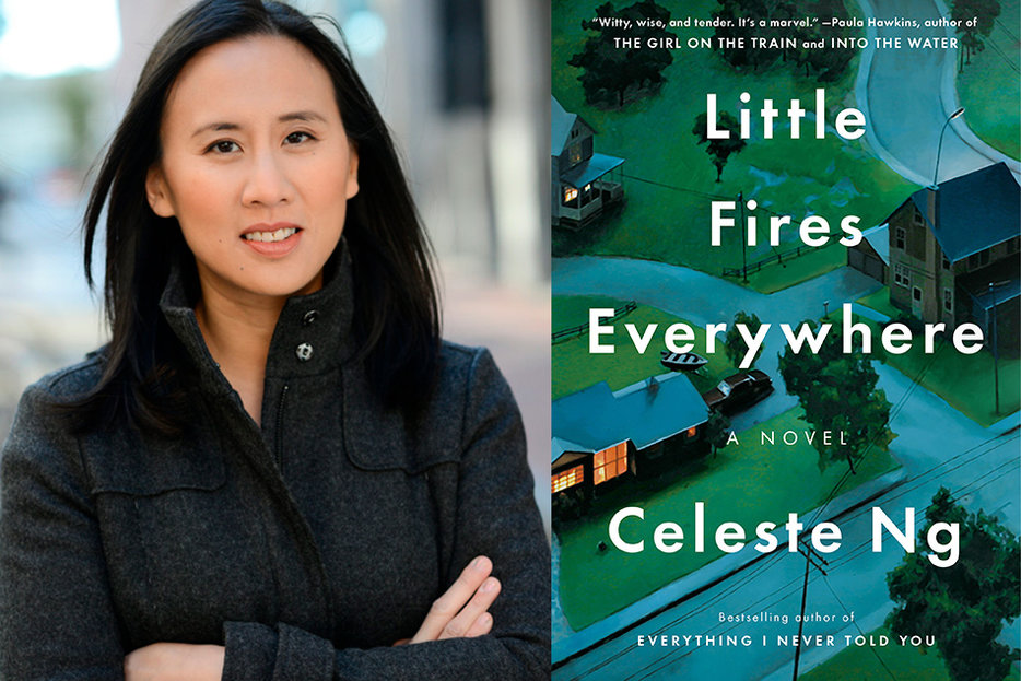 Author Celeste Ng with the cover art of Little Fires Everywhere