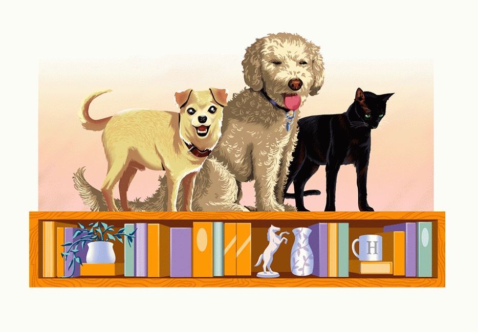 An image of a small blonde chihuahua-terrier, a medium doodle, and a black cat standing on a bookshelf