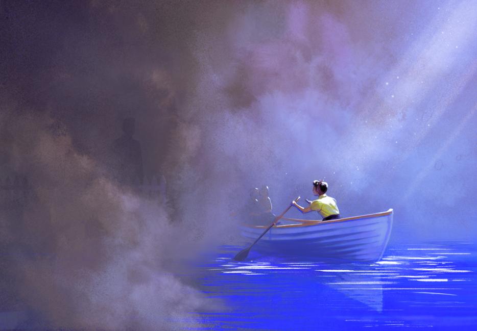 A person in a rowboat wearing a yellow shirt rows out of a bank of fog into calm blue water. Streams of sunlight illuminate the front of the boat. 