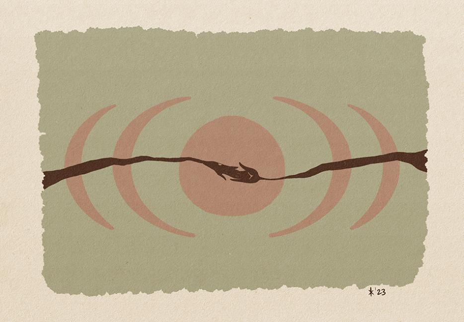 An image of a circle with ripples moving out from it, and two branch-like hands meeting in the middle.