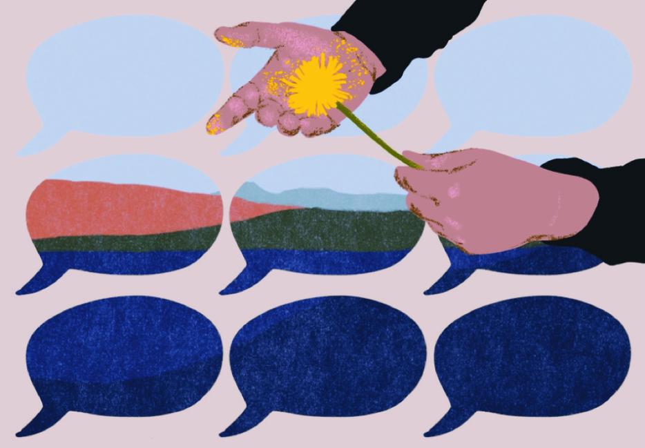 hands hold a flower; in the background speech bubbles encompass a landscape 