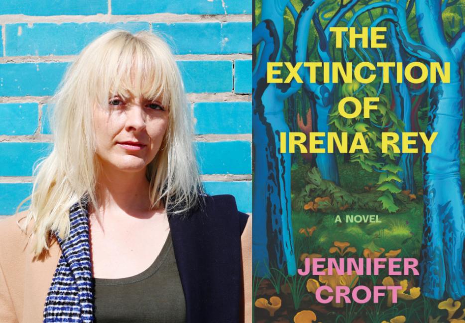 Diptych of author Jennifer Croft and the cover of her novel, The Extinction of Irina Rey