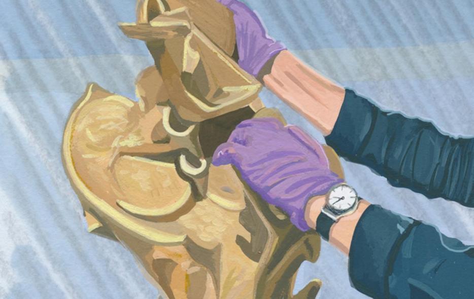 Painting of a man's hands wearing purple latex gloves on a bronze sculpture.