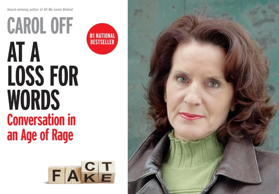 diptych of author Carol Off and the cover of her latest book, At a Loss for Words