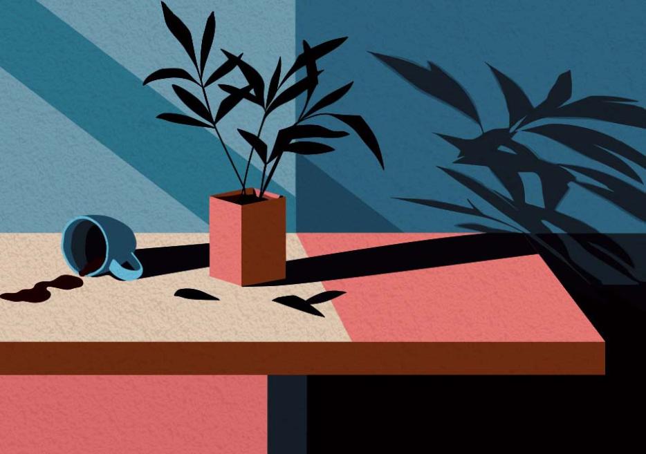 An image of a spilled coffee cup on a table, next to a green leafy plant whose shadow appears on the wall behind. 