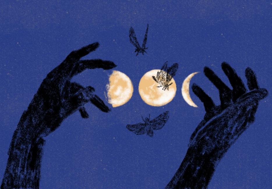 Two hands, silhouetted against a night sky, framing phases of the moon, with moths flying between them