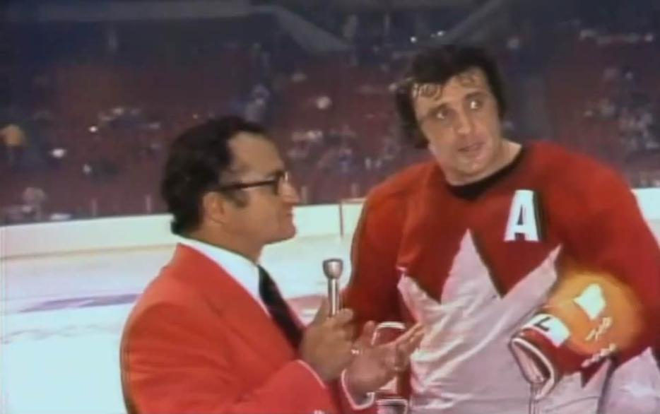 | Phil Esposito gives his infamous speech after the Summit series game 4 in Vancouver.