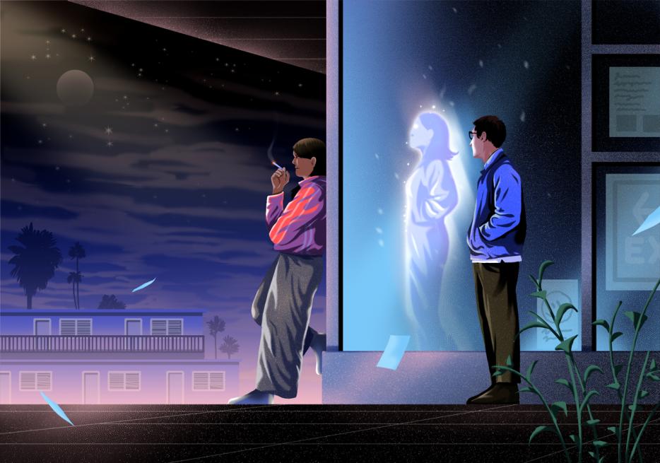 A man and a woman stand together against a building while the woman smokes. It is nighttime. Against the reflection of the building, the man's reflection appears as his dead wife's ghost.