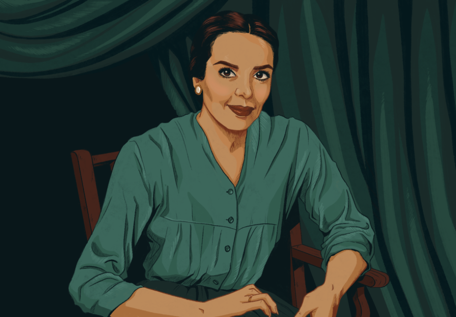 A rendering of Anna Kashfi looks directly at the viewer. She wears a green shirt.
