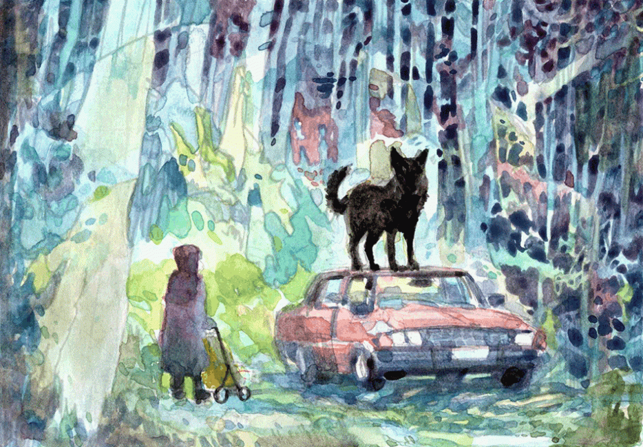 a woman pushes a stroller in a forest, and looks at a car atop which stands a wolf