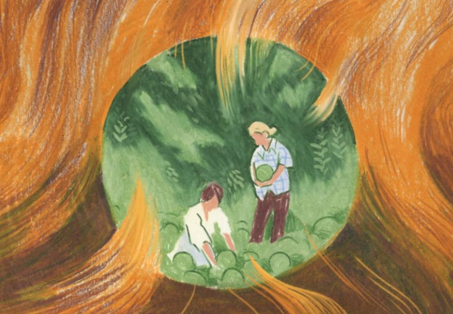 two people in a garden in the center of flames