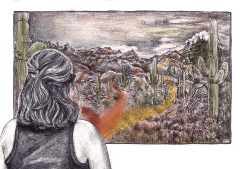 An illustration of a woman with her back to the viewer looking out at a desert scene littered with cacti through which three distinct paths wind into the distance