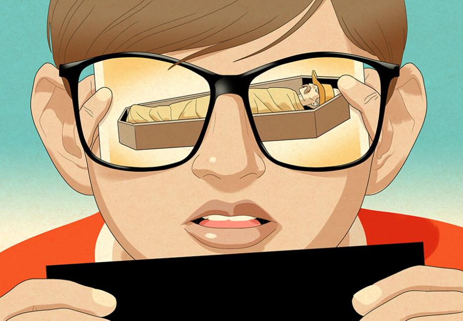 A person wearing sunglasses looking at an image of someone in a coffin, which is reflected in their sunglasses 