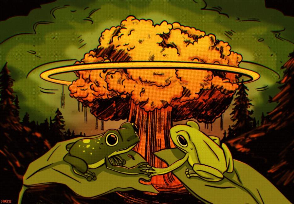 An illustration of a frog and a toad sitting on leaves and clinging onto each other as a nuclear explosion occurs in the background.