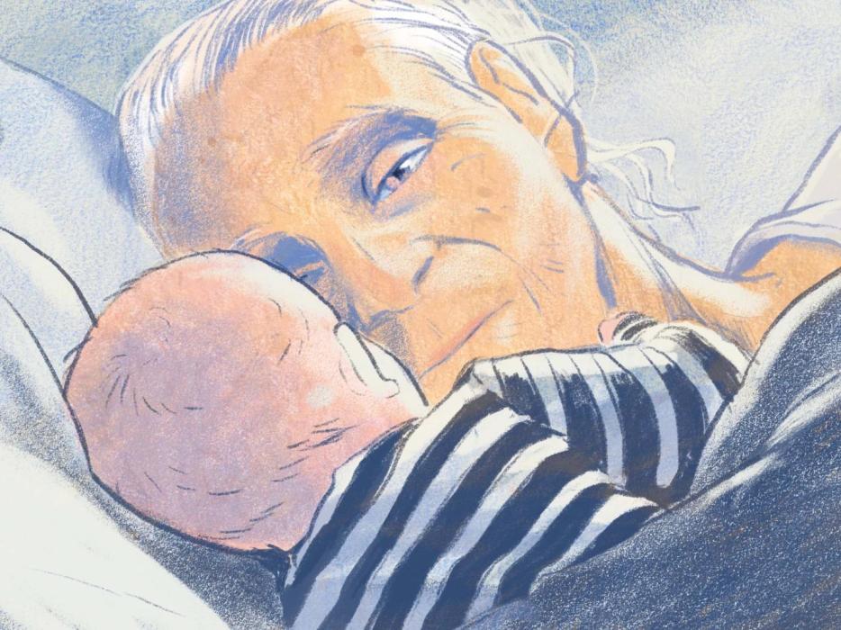 An old woman and a baby gaze at one another