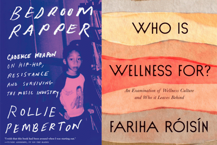 The cover of Bedroom Rapper by Rollie Pemberton, featuring an image of the author as a child wearing a Michael Jackson t-shirt, and Who is Wellness For by Fariha Roisin, featuring abstract swathes of warm colours blending into one another.