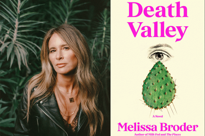 A portrait of author Melissa Broder, wearing a leather jacket in front of trees, and the cover of her latest novel, DEATH VALLEY