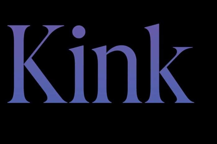 A close up of Tina Horn's book cover, reading Kink in purple letters on a black background 