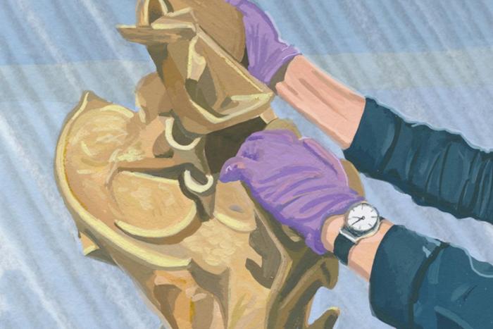 Painting of a man's hands wearing purple latex gloves on a bronze sculpture.