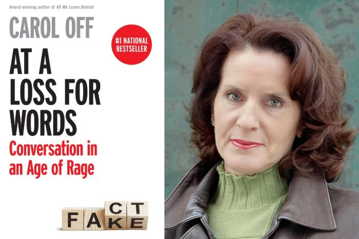 diptych of author Carol Off and the cover of her latest book, At a Loss for Words