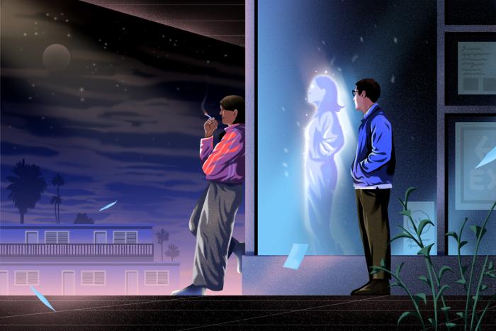 A man and a woman stand together against a building while the woman smokes. It is nighttime. Against the reflection of the building, the man's reflection appears as his dead wife's ghost.