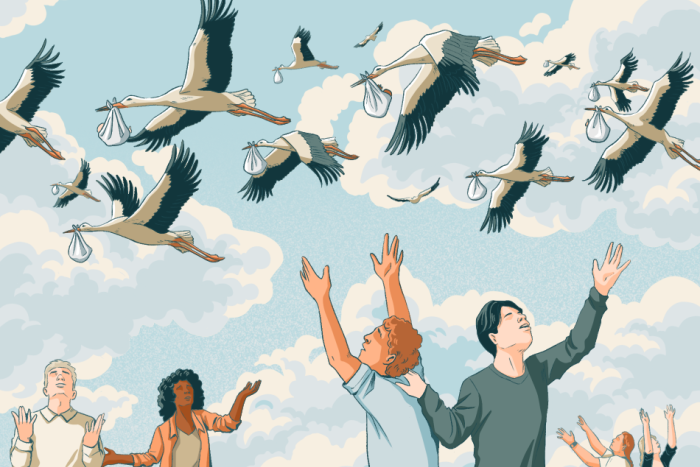 An image of couples reaching towards storks carrying babies, on a backdrop of a blue sky with fluffy clouds. 