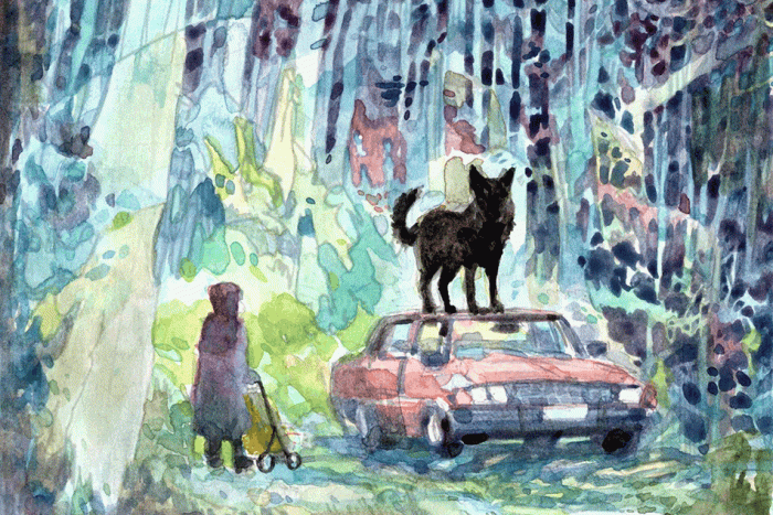 a woman pushes a stroller in a forest, and looks at a car atop which stands a wolf