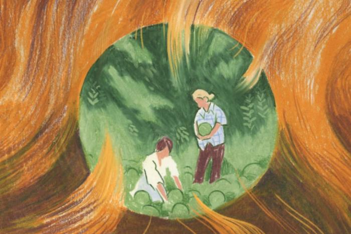 two people in a garden in the center of flames