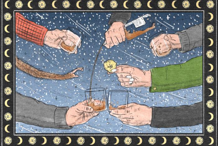 one arm pouring whisky into glasses in outstretched arms with one animal limb reaching out for an apple slice, all on front of a snowy night background