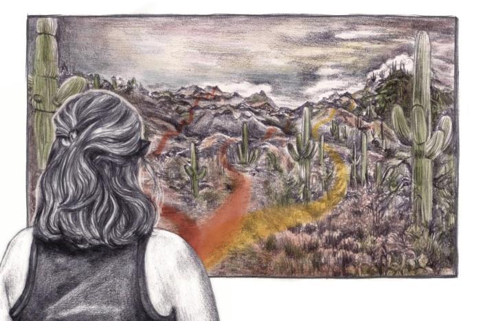 An illustration of a woman with her back to the viewer looking out at a desert scene littered with cacti through which three distinct paths wind into the distance
